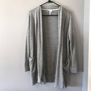 Long Grey Open-Front Cardigan with Pockets